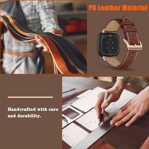 KoGiio Vintage Leather Strap for Fitbit Versa 4/Versa 3/Sense 2/Sense Men Women Replacement Soft Watch Straps, Yellow brown - Image 3