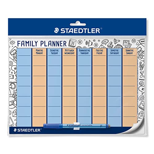 Staedtler 641 FP Lumocolor Planificador Familiar Reutilizable A4 Toallita Seca Autoadhesiva Extraíble Incluye Bolígrafo Universal y Pinza para Bolígrafo