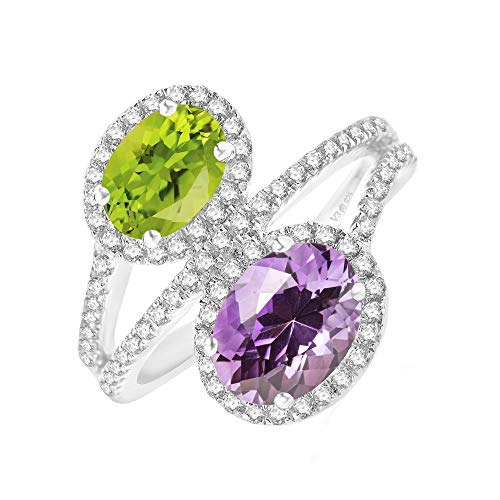 925 Sterling Silver with 3.50 CTTW Natural Peridot, Amethyst and White Topaz Two Stone Bypass Style Engagement Wedding Ring for Women's2