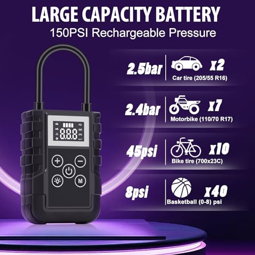 Mini Compressore D'Aria Portatile Auto, YOYOPOW Pompa Elettrica 150PSI per Bicicletta, Gonfia Elettrico per Palloncini con Schermo LCD Digitale e Torcia LED per Vetture/Bici/Moto/Scooter/Pallone - Immagine 1