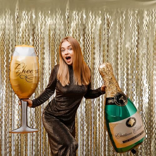 Image of GOER Metallic Tinsel Foil Fringe Curtains Party Photo Backdrop Party Streamers for Birthday,Graduation,New Year Eve Decorations Wedding Decor (Champagne Gold,4 Packs)