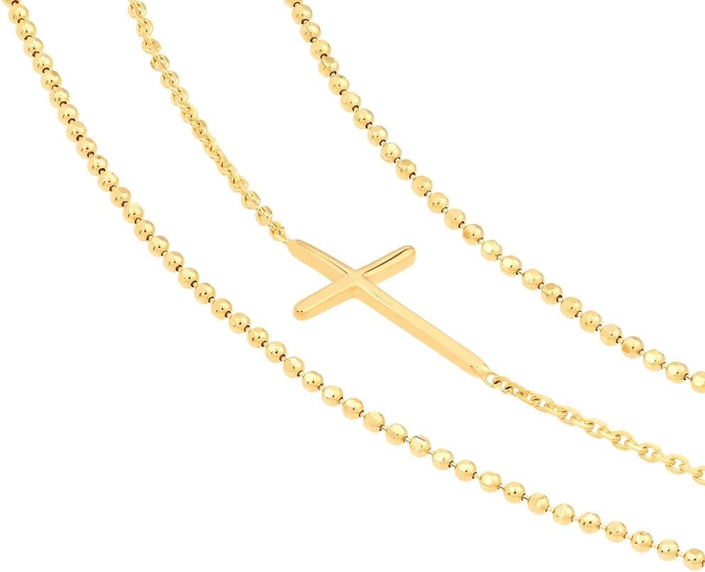 JewelryWeb 14k Yellow Gold Triple Strand Religious Faith Cross Element Adjustable Necklace 18 Inch Strand Necklace for Women