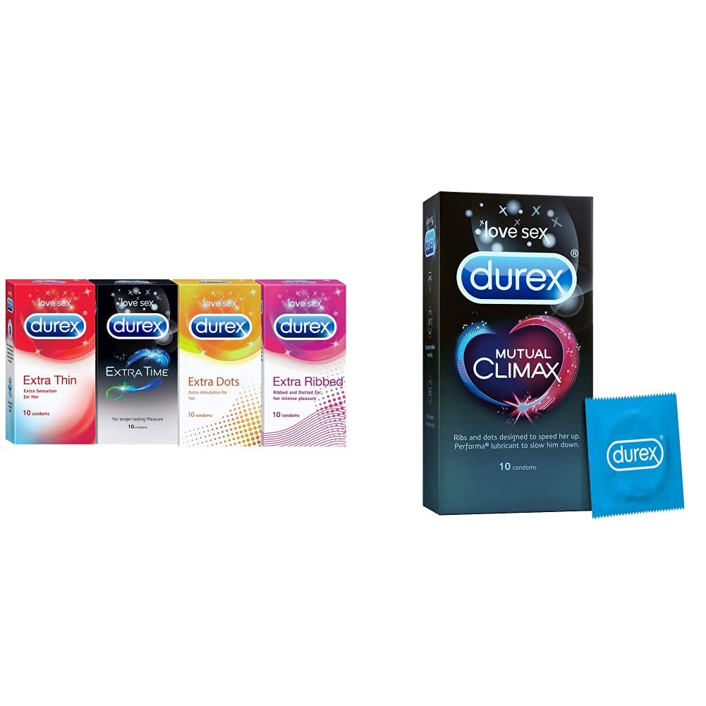 Durex 10 Count Condoms - Extra Thin, Ribbed, Dotted, Time & Mutual Climax (Pack of 4) with Lubrication-picture-35