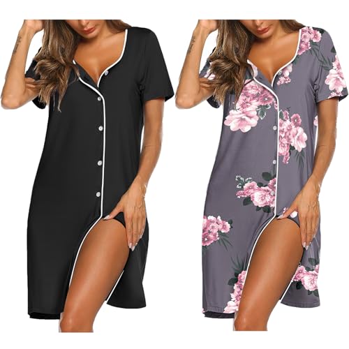 Image of Ekouaer Nightgowns for Women 2 Pack Button Down Sleepshirt Short Sleeve Nightshirt Soft Sleepwear V Neck Pajama Dress