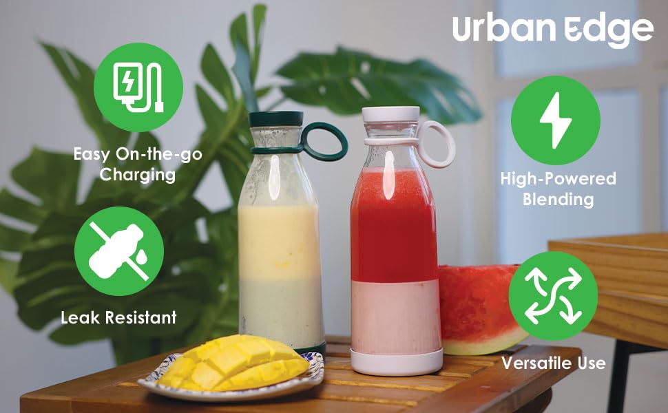 Image of Urban Edge Plastic 420 ml USB Rechargeable Multicolour Portable Blender | Mini Juicer for Smoothies, Milkshakes & Fruit Juices | Lightweight, Leak-Proof, and Easy to Clean | Blue Colour, 300 Watts