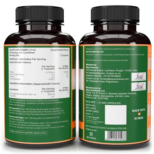 Image of Nutrabud Ashwagandha KSM66 500mg - 30 Capsules - KSM 66 Ashwagandha Tablets for Men & Women - 5% Withanolides for Stress Relief, Energy & Recovery Support (30 Count (Pack of 1), Unflavoured)