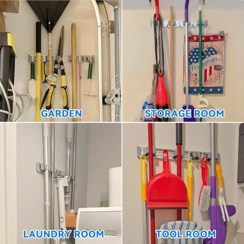 Image of reliahom Broom Holder Wall Mount Mop Hanger Tools organizer 4Racks 5Hooks | Adjustable Stick or Screw Mop Broom Wall Hanging Tool Storage Rack Space-saving for Garage,Kitchen,Laundry Room,Garden,Silver