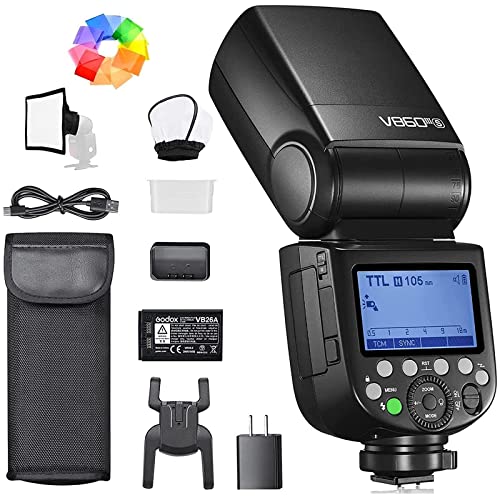 Godox V860IIIS - Flash para cámaras Sony (76 W, 2,4 G, HSS, 1/8000s, con luz Ajustable de 10 velocidades, batería de Litio de 7,2 V/2600 mAh, Incluye difusor, Filtro de Color, minisoftbox)