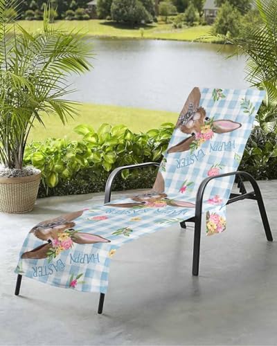 Blue Easter Plaid Beach Chair Towel Covers for Chaise Lounge with Side Pocket, Soft Plush Pool Towels Cover for Patio Sunbathing Outdoor 29''x85'' Easter Rabbits Spring Bunny Flowers