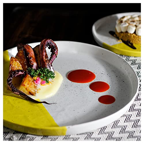 Roro Ceramic Stoneware Hand-Molded Lemon Yellow White Two Tone Lipped Dinner Plates, Set Of 2 #TOP5
