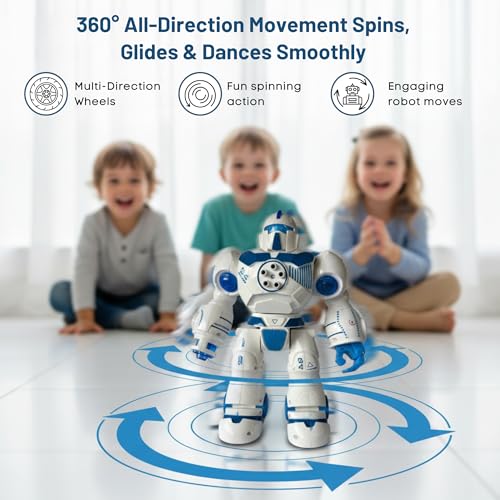 Image of Lilplay Robot with 5 Shooting Bullets, Blue | Colorful Lights & Music | All Direction Movement | Action Figure Toy | Robot with AI Eyes | Battery Operated Toy Figure