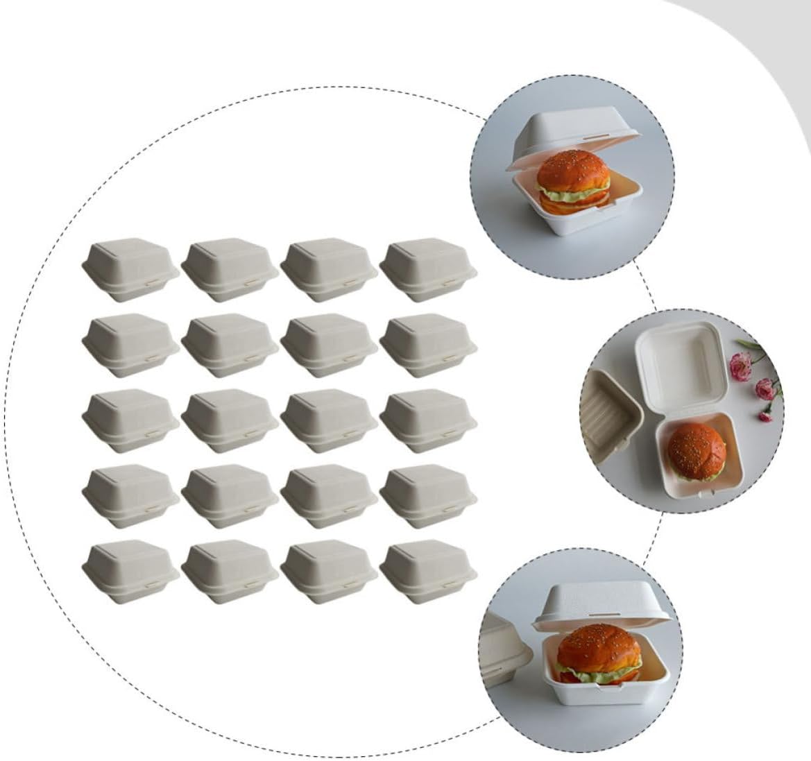 Burger Packaging Boxes Large Capacity 25pcs Biodegradable Made of Bagasse, Portable Fast Food Take-out Packaging Containers in Beige Random Color for Eco-friendly Meal