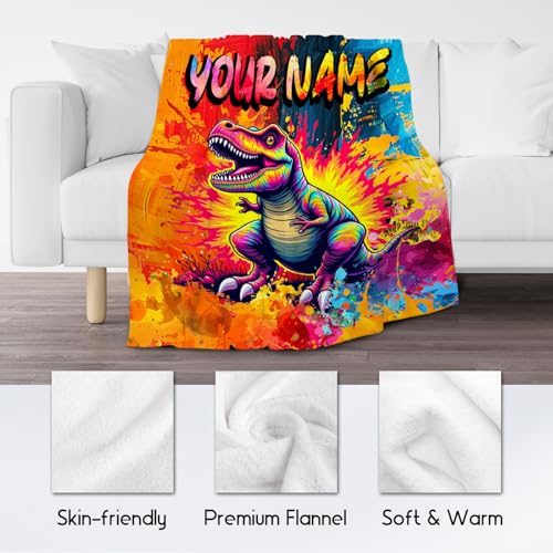 Dinosaur Blanket Custom Gifts - Personalized Blankets for Boys - Soft Flannel Throw for Couch, Bed - 4 Sizes