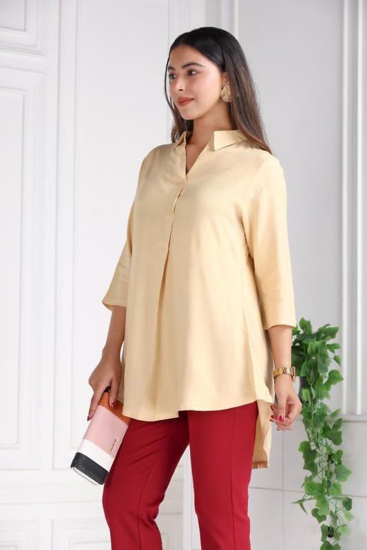 Image of Mlada Rayon Flare Top for Women | 3 /4th Sleeve Regular Fit and Flare Top | Women Office Tops Tunic | Western Long Shirt Top for Women | Shirt Collar Top for Women | Rayon Tunic Tops for Women Western