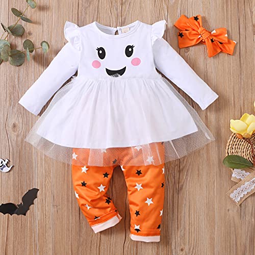 Toddler Baby Girls Halloween Outfits Long Sleeve Pumpkin Ghost T-Shirt Top Tutu Skirt Pants Headband Clothes Sets3