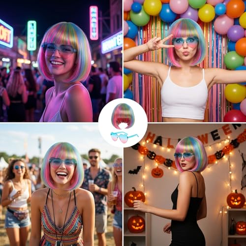 Image of Rainbow Wig, Colorful Wigs Set with Heart Sunglasses Hair Cap, Short Wigs for Women, Bachelorette, Cosplay and Halloween Costume, Fashion Rainbow Wigs for Daily Use and Special Events (Colorful)