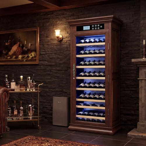 Image of KEIKI Freestanding Wine Refrigerator with Wood Cabinet, 102 Bottle Single Zone Wine Cooler, Humidity Control Tempered Glass Door, LED Light Lockable Shelves, for Home Bar Dining, Walnut