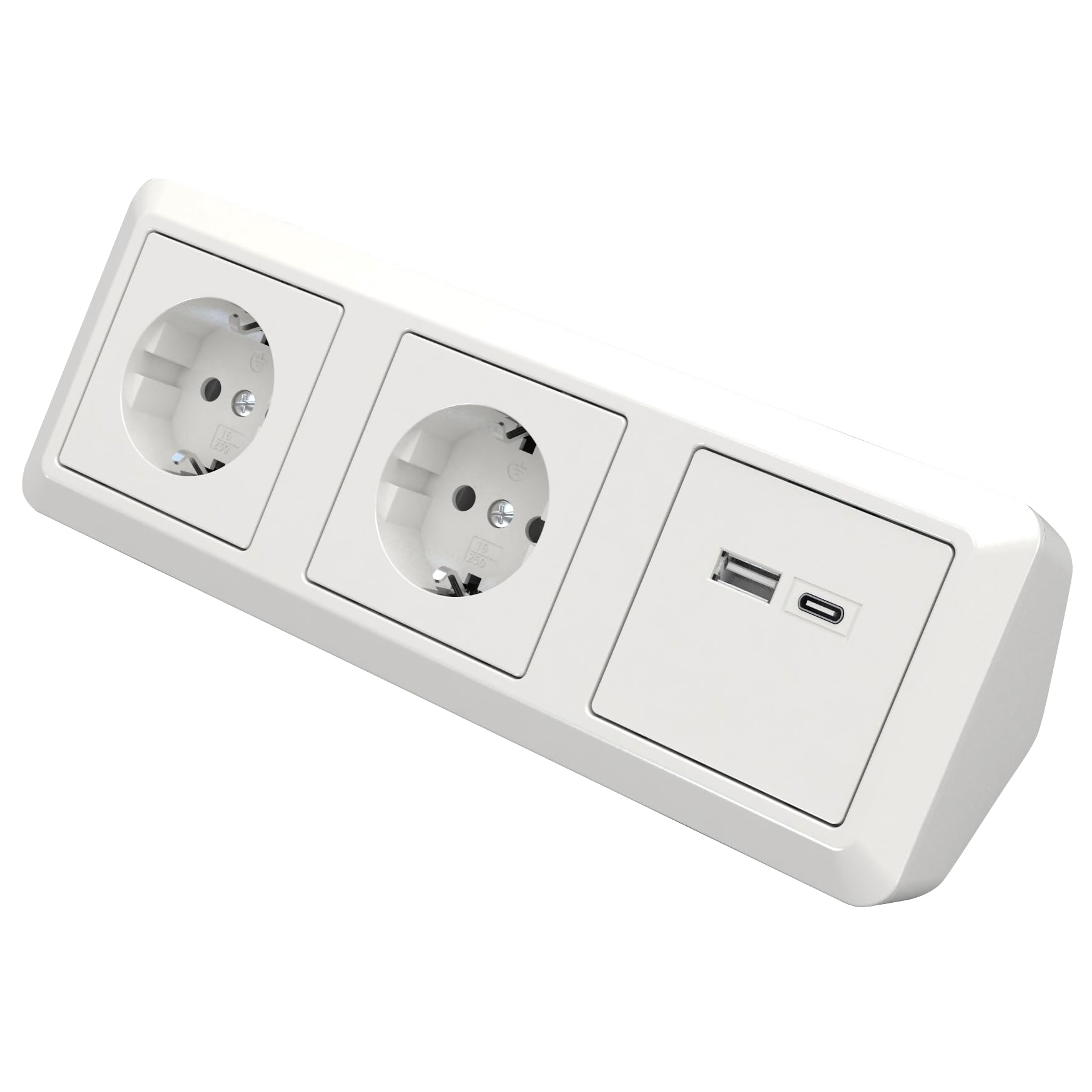 MC POWER Steckdosenblock Unterbausteckdose mit USB-C USB-A | Cup | USB Ecksteckdose, 2x Steckdose, 1x Aufbau, weiß, poliert