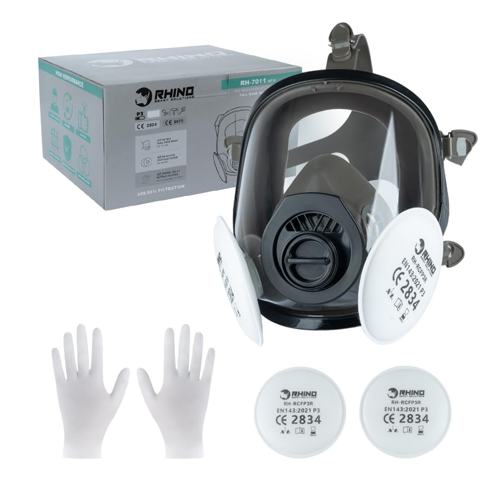RHINO Smart Solutions Masque Respiratoire du Protection Filtrante à Particules FFP3 pour Peinture, Anti Gaz, Poncage, Amiante, Sablage et Poussiere (7011C) | Visière Intégrale Réutilisable