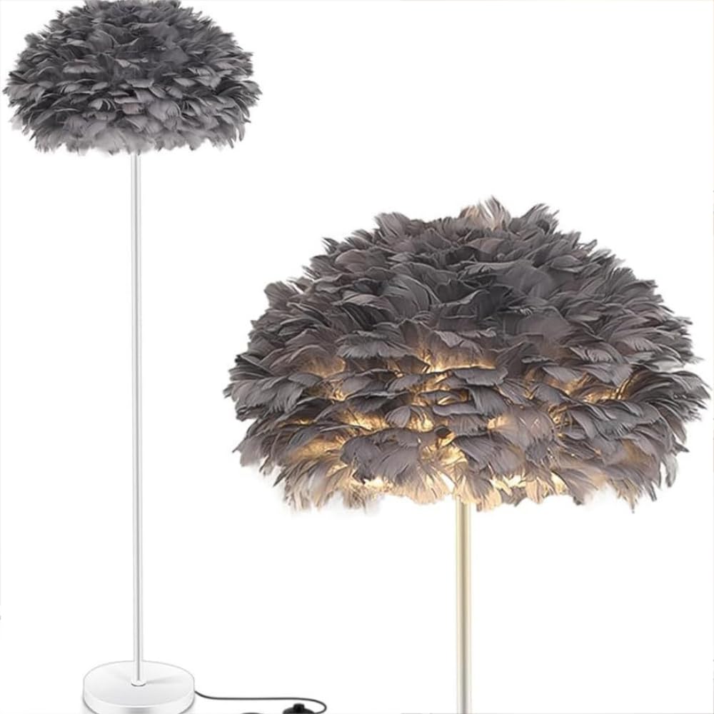 XINYASEE Feder Stehlampe,Weiße/grau Feder Stehleuchte,Modernes Stehlampe für Schlafzimmer Wohnzimmer,Dimmbare Stehleuchte mit Feder Schirm,Minimalistische Standleuchte für Wohnzimmer Dekoration (Grau)