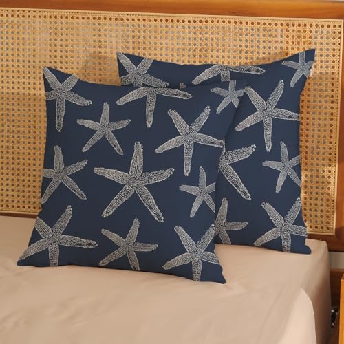 DAFENA Navy Blue Coastal Pillow Covers 16x16 Inch 2 Pcs Sea Starfish Decor Throw Pillows Nautical Beach Ocean Themed Summer Outdoor Holiday Decoration Pillowcase Linen Cushion Cover for Couch Sofa — view 2