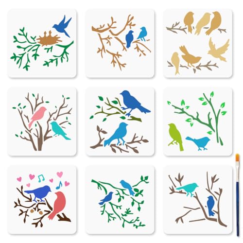 MAYJOYDIY 9 Pochoirs d'oiseaux Branches Pochoirs de Brindilles Nids avec pinceau 15×15cm Oiseaux Animaux Réutilisable Modèle de Peinture pour Artisanat sur...