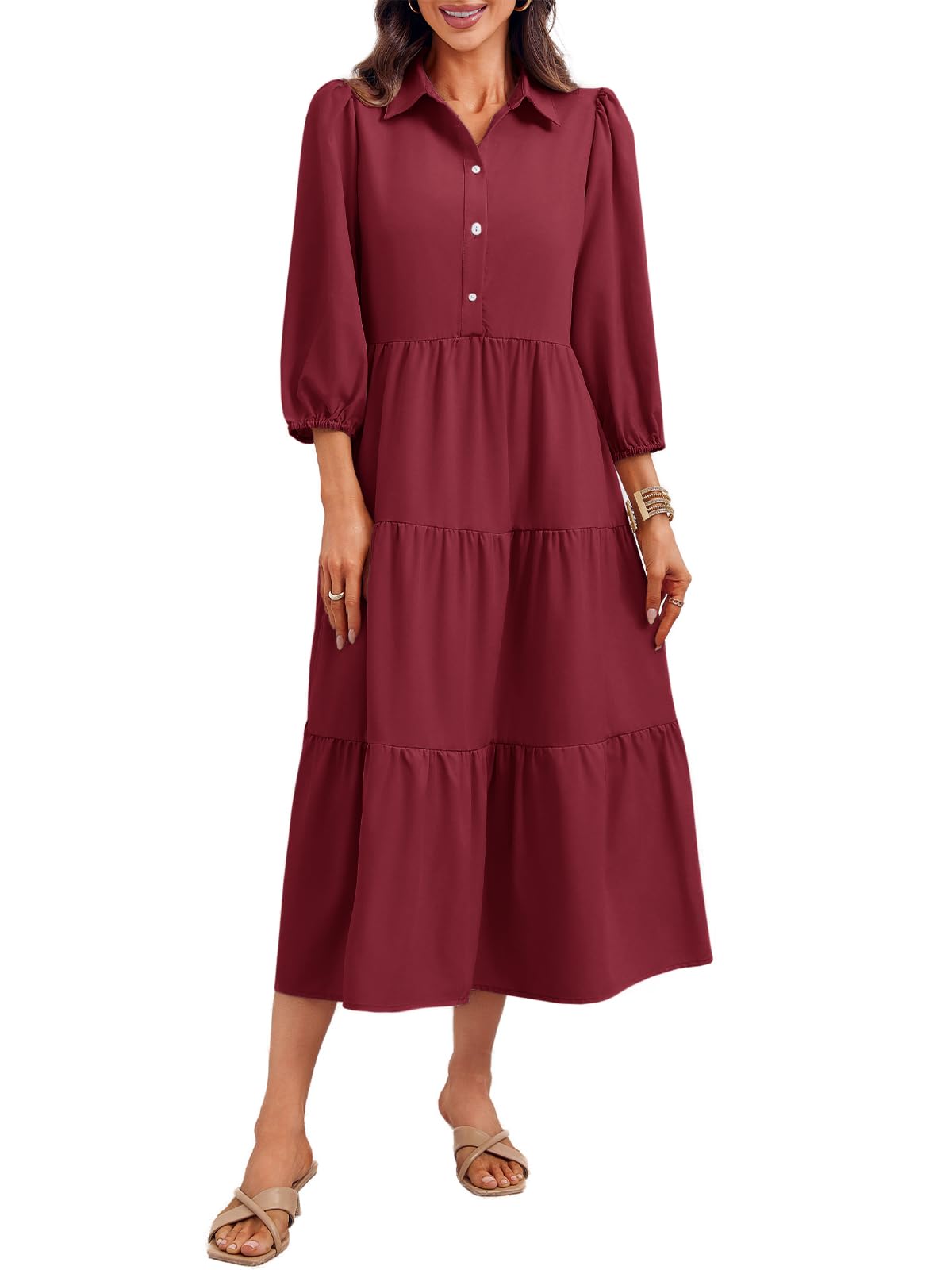 Wenrine Womens Casual 3/4 Sleeve Shirt Dress Button Down V Neck Tiered Collared Flowy Maxi Dress