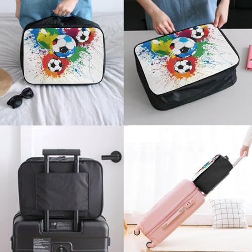 Leather Travel Carry On Tote Weekender Bag, Large Overnight Storage Bag, Lever To Hang Bags For Women Men Splash Ink Colorful Paint Football Soccer Ball2