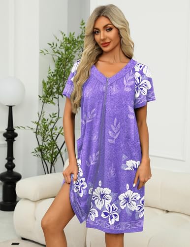 Image of Ekouaer Women Robe Zipper Front Mumu Duster Robes Zip Up Housecoat Soft Sleepwear with Pockets