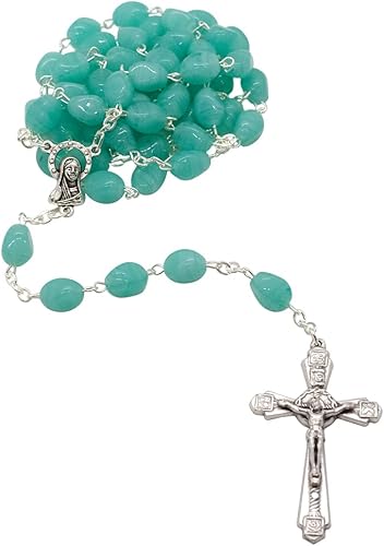 Miniatura 5 de Rosario de cristal y metal con grandes cuentas de granizo  Crucifijo plateado  Cómodo de sostener  Gran regalo católico para la primera comunión y