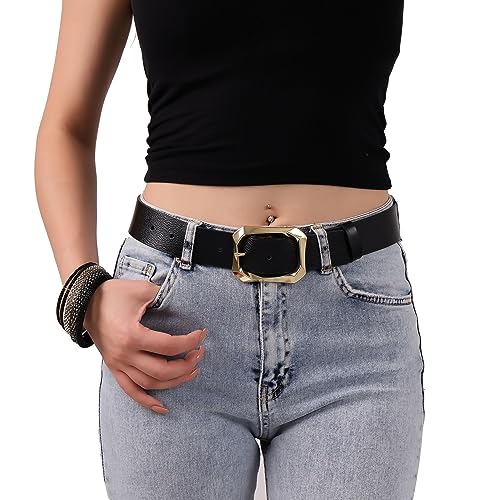 Women's Leather Belt Gold Buckle Waist Belt for Jeans in Navy Blue, Dark Brown, and Black Colors. Wide Straight Design, 1.45"2
