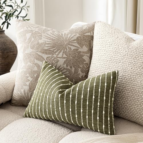Image of Foindtower Pack of 2 Decorative Jacquard Boucle Lumbar Throw Pillow Covers Accent Textured Striped Pillowcases Cozy Boho Cushion for Couch Sofa Bedroom Living Room Home Decor 12x20 Inch Olive Green