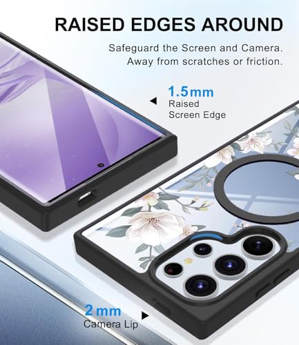 Image of VONZEE Compatible with Samsung Galaxy S25 Ultra 5G Case Luxury Retro Flowers Floral Clear for Magnetic Wireless Charging Case Shockproof Case PC+TPU Cute Glossy Shiny Cover for Girls Women, Black