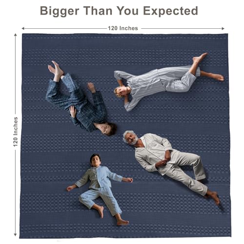 Image of PHF 100% Cotton Waffle Blanket Oversized King 120 inchx120 inch, Lightweight Breathable Extra Large 10'x10' Blankets for Bed, Giant Big Luxury Aesthetic Woven Bedding for Home Decor, Indigo