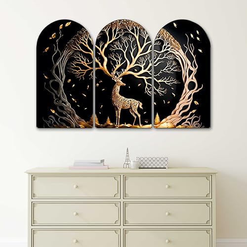 Image of Livin'luxe Golden Deer Arch Shape Wall Painting Set of 3 | Luxury MDF Panel Art with HD Textured Print | Modern Living Room, Bedroom, Hall & Home Decoration Wall Frame (30 x 50 Inch) RPNL-35378
