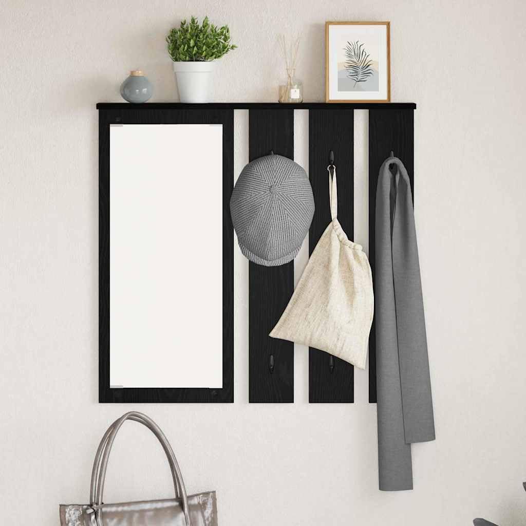 Perchero de pared con estante de roble negro 84 x 10 x 80 cm | Madera multicapa, ganchos de metal, con espejo, soporta hasta 20 kg, fácil limpieza