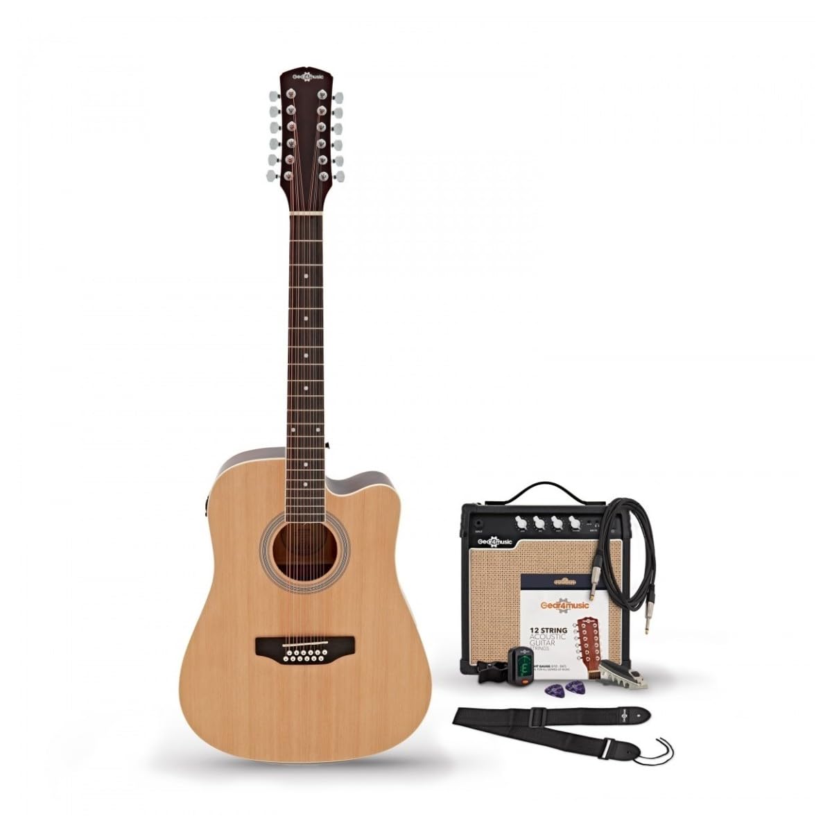12-saitige Elektroakustik-Gitarre von Gear4music mit Gigbag-Stimmgerät