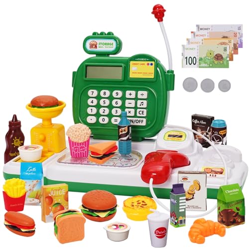 Yosamy Caja Registradora para Niños con Sonido, Micrófono, 40 Piezas Caja Registradora para Niñas, Accesorios para Tienda, Juguetes para Juegos De rol, Tema Pastelería, Verde