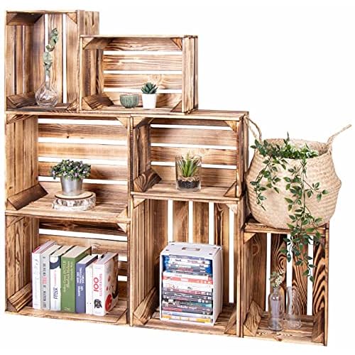 LAUBLUST 7er Set Vintage Holzkisten - Kisten in 2 Größen, 50x40x30cm / 40x30x25cm, Geflammt, Neu, Unbenutzt | Möbel-Kiste | Wein-Kiste | Obst-Kiste | Apfel-Kiste | Deko-Kiste aus Holz