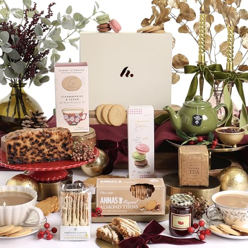 Afternoon Tea Christmas Hamper Gift - Alcohol Free Hamper Gift - with Macarons, Buttery Biscuits, Fruit Cake, Fragrant Tea, Fruity Preserves - Gift Hamper for Xmas, Birthdays, Celebrations, Thank Yous