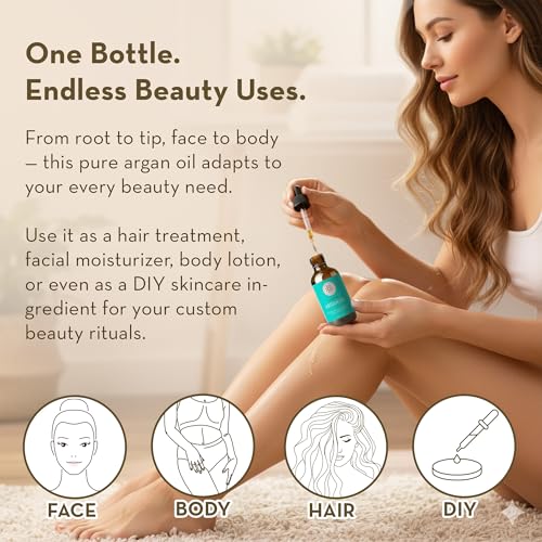 Image of Pure Body Naturals Argan Oil for Skin and Face - 4 fl oz Cold Pressed, Light, Non-Greasy, Nourishing Pure Argan Oil for Hair - Aceite de Argan