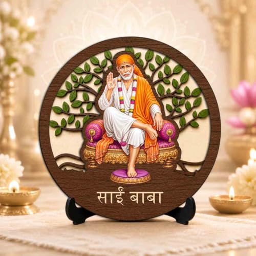 Image of Sai Baba Premium Wooden God Idol for Indoor Temple, Living Room Shelf, Work Desk & Puja Decor - 5x5 Inch