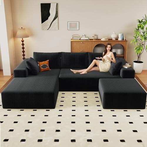 Image of 96 inch U-Shape Cloud Couch, Modern Modular Sectional L-Shape Sofa with Ottoman, Corduroy Upholstered Couches Deep Seat Sleeper Chaise Longue for Living Room, No Assembly Required(Black, Left Facing)