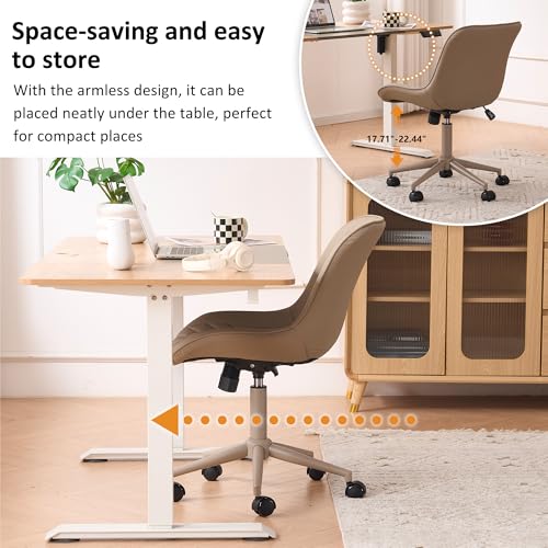 Image of YOUNIKE Faux Leather Office Desk Chair Comfy Vanity Chair Armless Khaki | Ergonomic Upholstered Rocking Back, Swivel with Wheels, Height Adjustable, Modern Task Chair For Computer Sewing Drafting