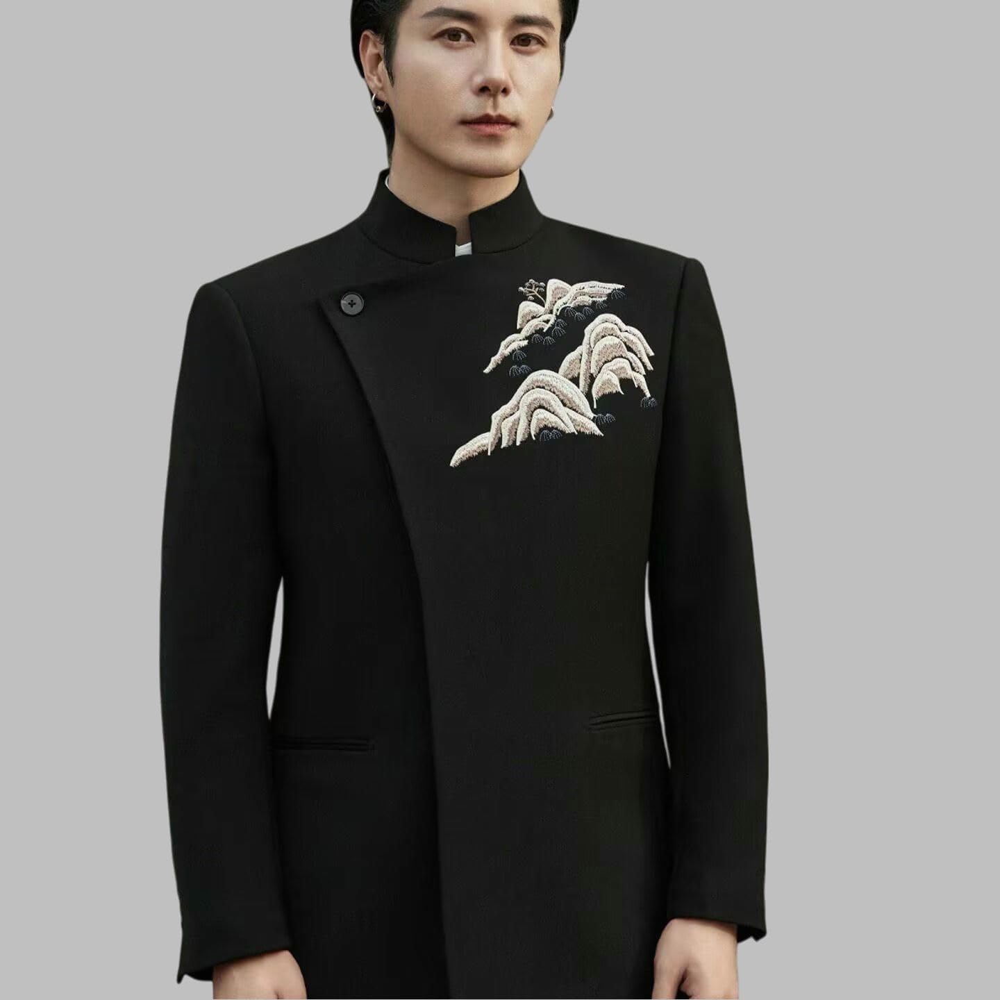 Mens Blazer Jacket Zhongshan Stand Collar Embroidered Groom Wedding Engagement