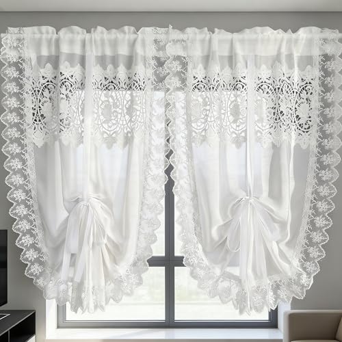 2 Panels Romantic White Hollow Lace Tie Up Sheer Curtains for Living Room