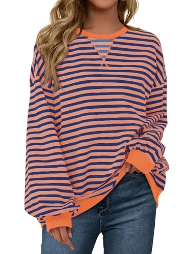 Fisoew Womens Striped Oversized Sweatshirt Color Block Crew Neck Long...