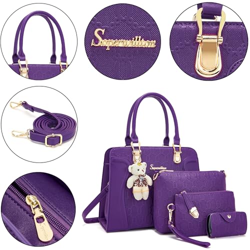Image of Women's Fashion Handbag Tote Bag Shoulder Top Handle Satchel Purse Set 4pcs | Stylish Style,Chain Texture Design,Ample Space,Bear Doll Decoration,with a Crossbody Strap