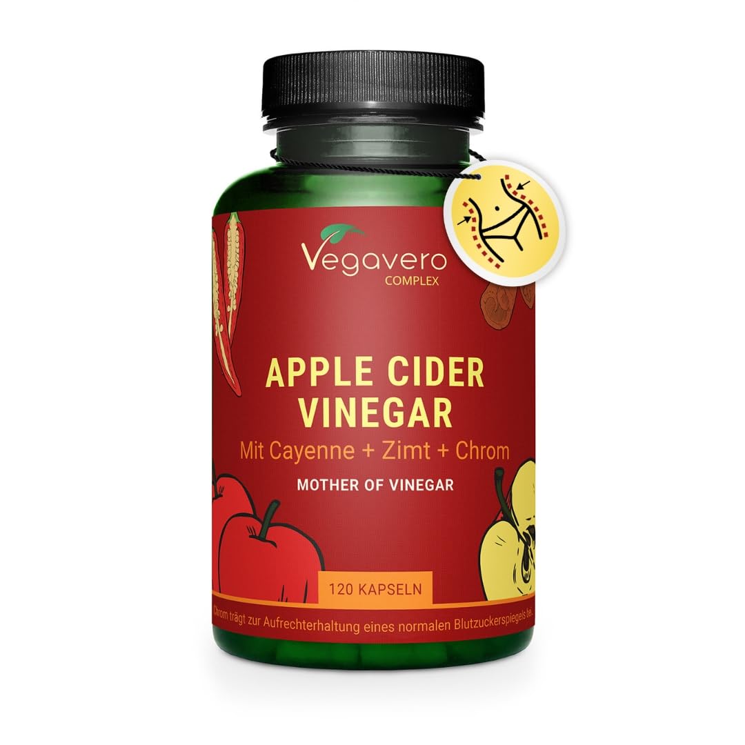 Vinagre de Sidra de Manzana Con Madre | Alta Dosis: 1950 mg | Con Cayena, Jengibre, Canela y Cromo | Apoyo Metabólico Completo | 120 Cápsulas | Vegano y Sin Aditivos | Vegavero