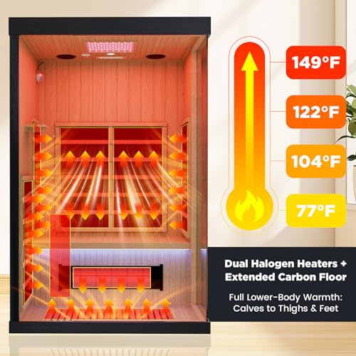 Image of 2-Person Full Spectrum FAR Infrared Sauna with 12 inch * 12 inch Red Light Therapy | 1990W - 120V, 2 Speakers, Hemlock Wood Indoor Dry Traditional Sauna Dual LED Controls for Home & Gym, Black